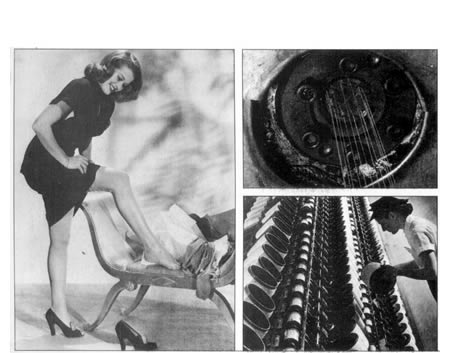 Las medias de nailon pronto arrasarán en muchos países. Derecha, de arriba abajo: Producción de perlón, descubierto en 1938. El nailon comenzará a fabricarse a gran escala en 1938.